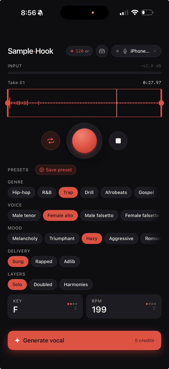 SampleHook record screen with genre, voice, mood, key and BPM controls